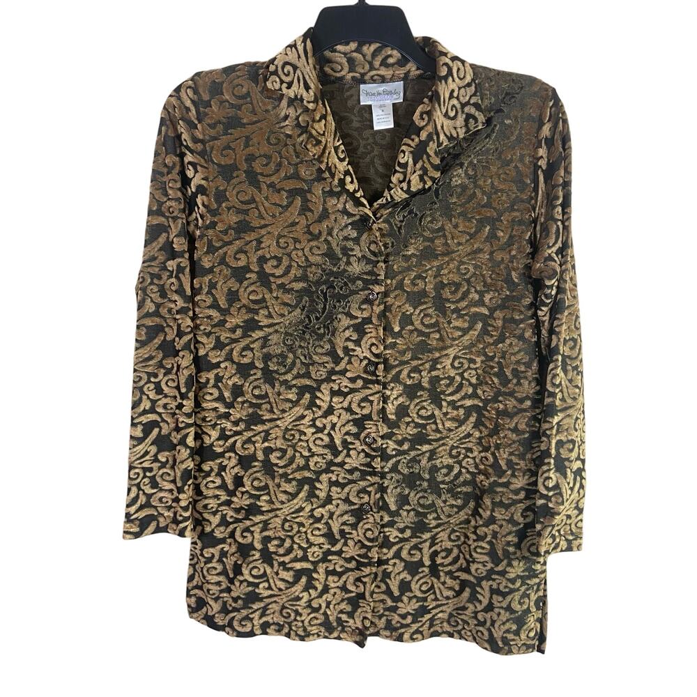 Diane‎ von Furstenberg Vintage Top Women Small Gold Burnout Velvet Button Blouse